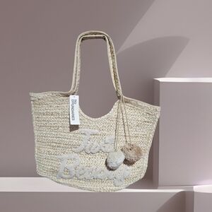 No Boundaries Jute Festival  Cream Woven Tote with Pom Poms